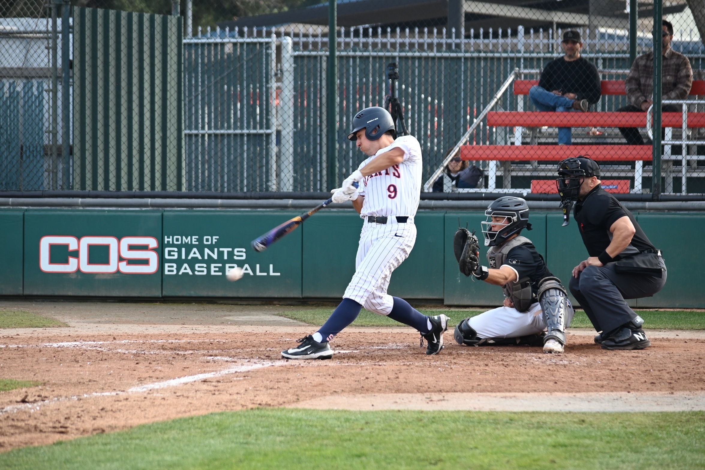 College of the Sequoias' Noe Salazar (9) getting a hit in the game versus Marin College on January 31, 2025. (Photo Credit: Norma Foster / COS Athletics)