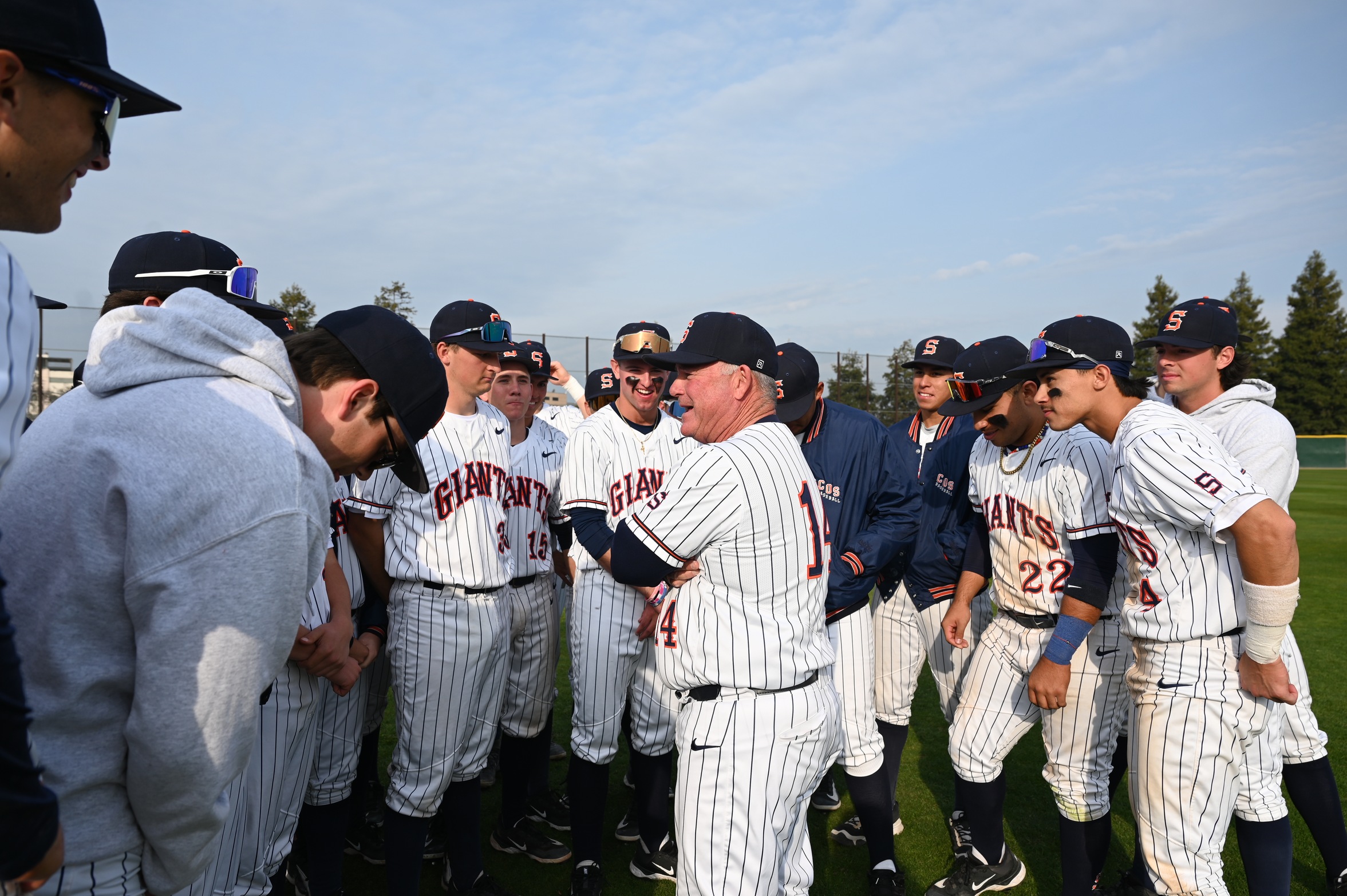 College of the Sequoias' Head Baseball Coach Jody Allen talking to the team after their 8-7 win over College of Marin on February 7, 2025. (Photo Credit: Norma Foster / COS Athletics)
