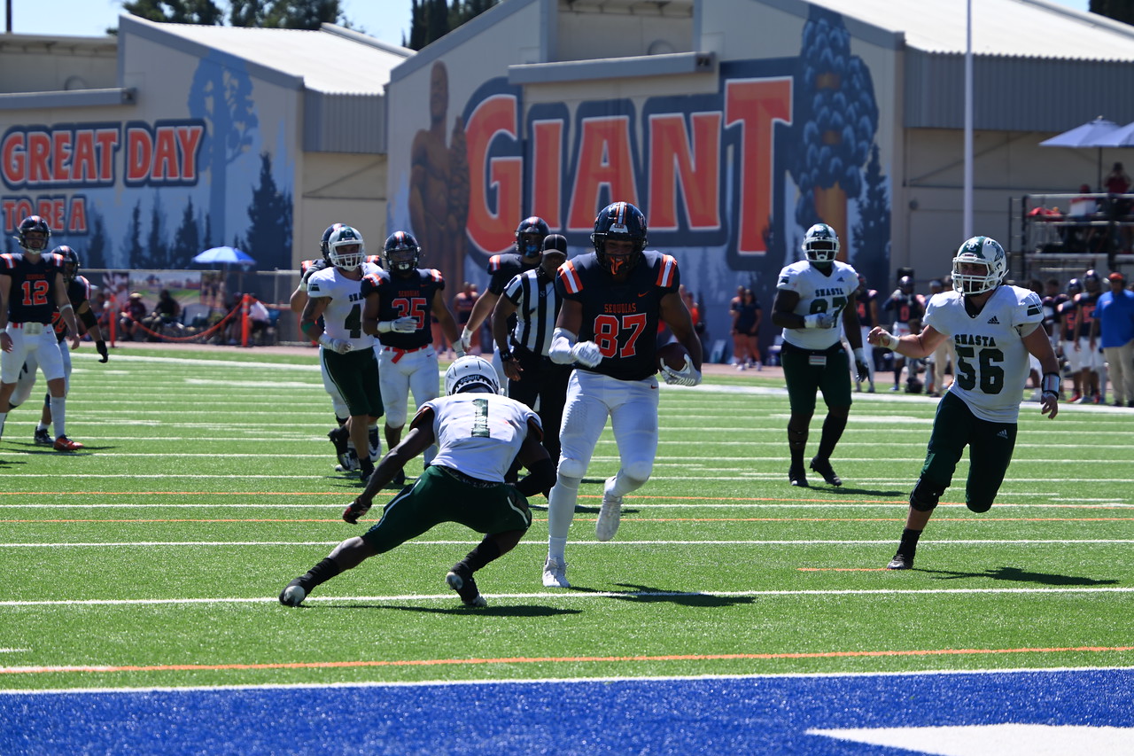 Sophomore TE Anthony Valencia catches a pass in the red zone earlier in the year vs. Shasta. (Photo by Norma Foster)
