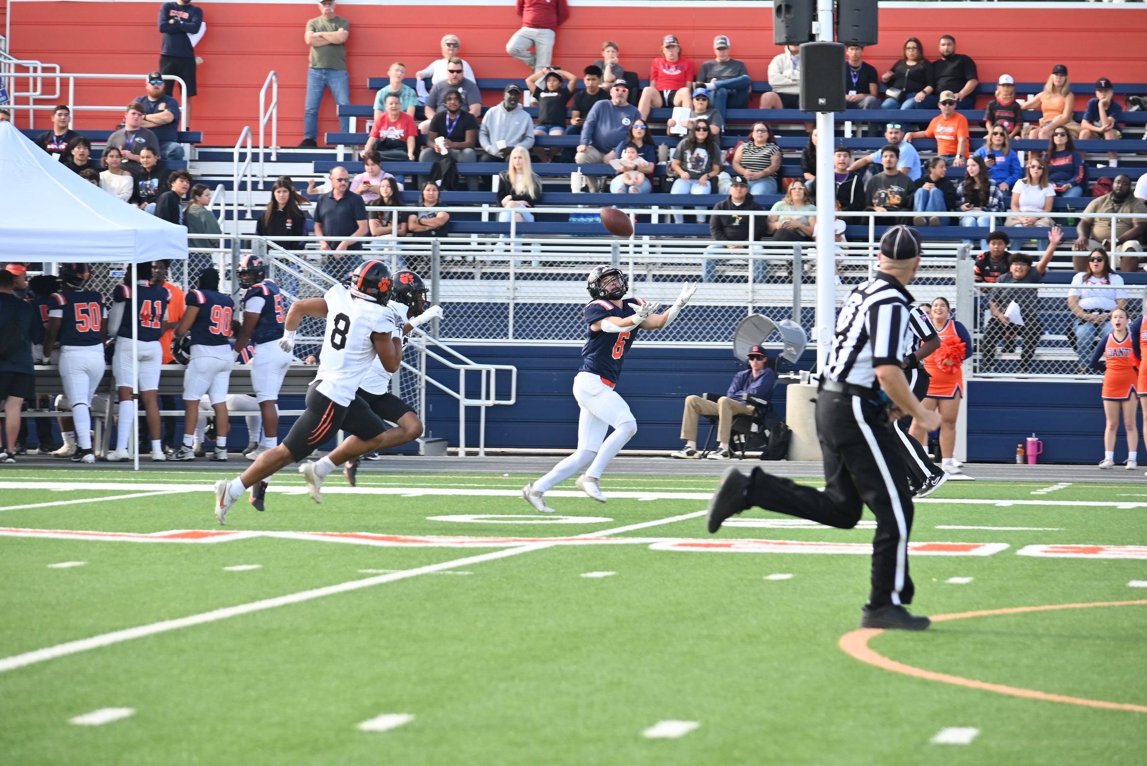 College of the Sequoias' Gage Armbruster (6) receiving a pass in a game earlier this season versus Reedley College on November 2, 2024. (Photo Credit: Norma Foster / COS Athletics)
