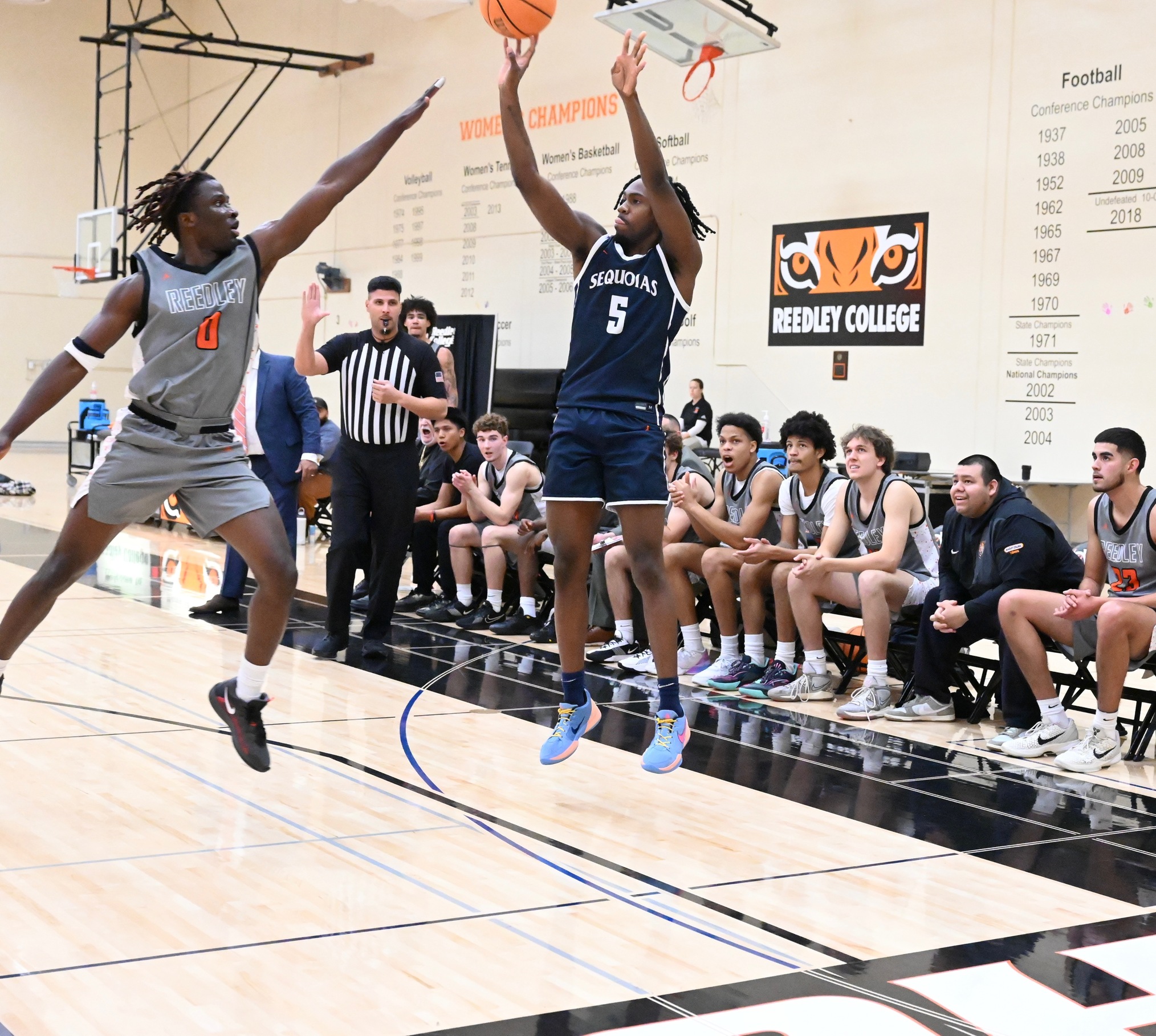 College of the Sequoias' Kion Hayes (5) taking a shot versus Reedley College on January 10, 2026. (Norma Foster / COS Athletics)