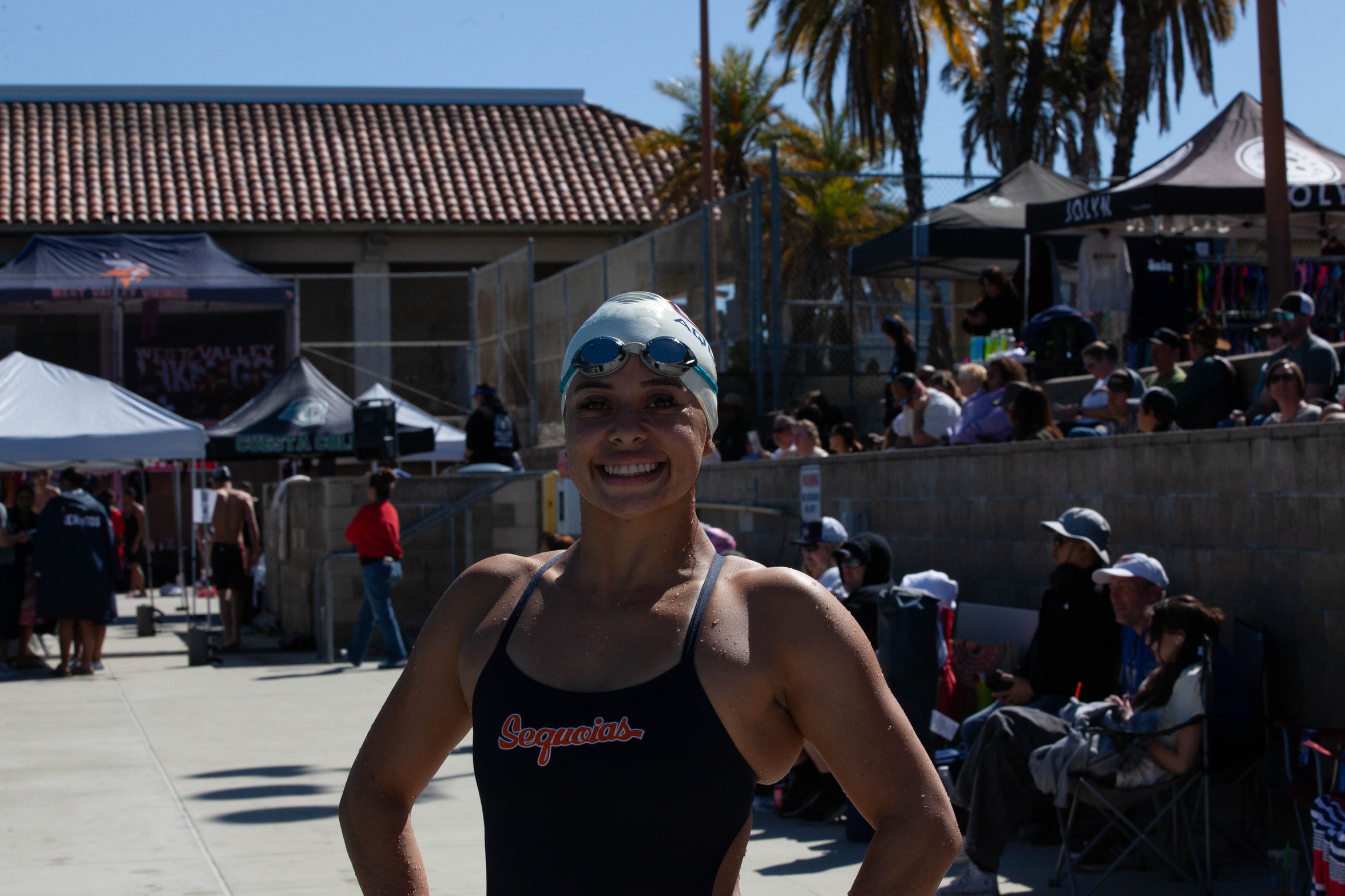 College of the Sequoias' Azulema Ayon after she broke the school record in the 100 Fly with a time of 1:03.25.