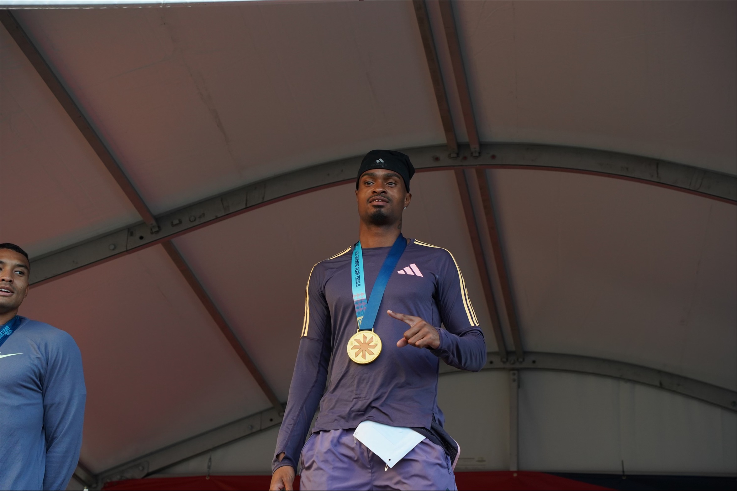 Former COS Giant Quincy Hall on the USA Olympic Trials Podium receiving the gold medal on June 24, 2024, in Eugene, Oregon. (Photo by Curtis Allen)