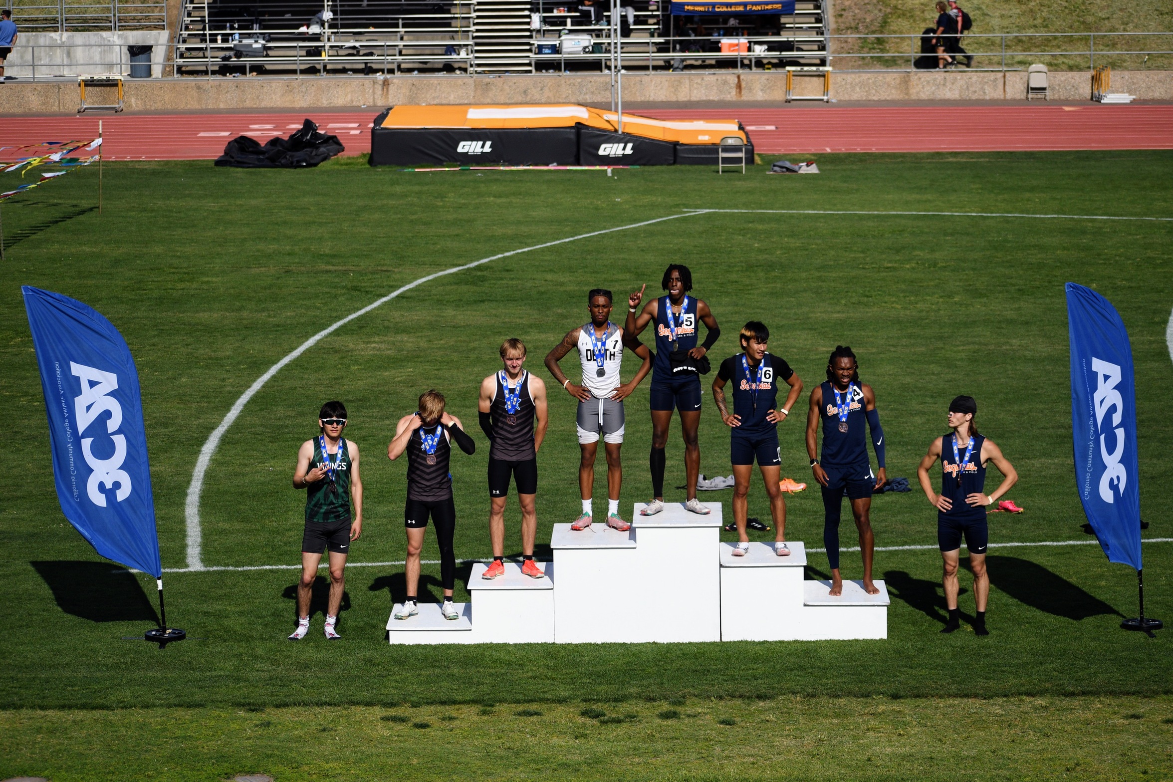 College of the Sequoias' Melvin Reece (1st place), Reece Poscablo (3rd place), Rome Johnson (5th place), and Richard Crakes (7th place) all on the Northern California 400-meter hurdles' podium.